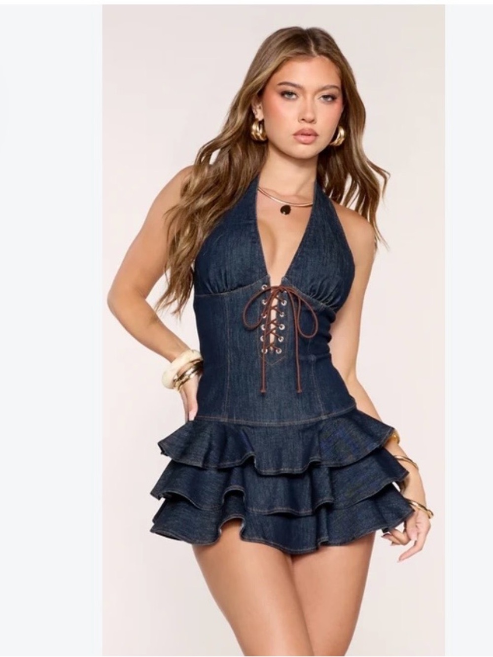 Country Night!  Denim Halter Lace-Up Ruffle Dress/Romper